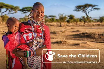 Maasai woman and child in Kenya with the Save the Children UK community partner logo