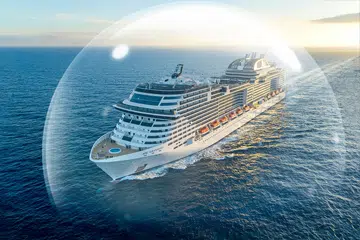 MSC cruise ship sailing on the open sea at sunset inside a bubble effect