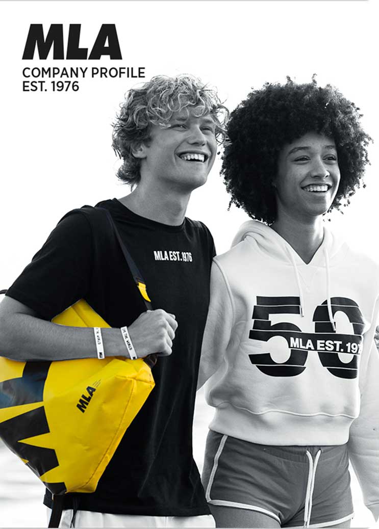 MLA Company Profile cover with two smiling young people, one carrying a yellow MLA bag