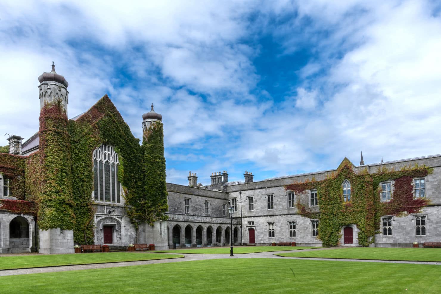University of Galway Quadrangle with ivy-clad stone buildings around a green lawn