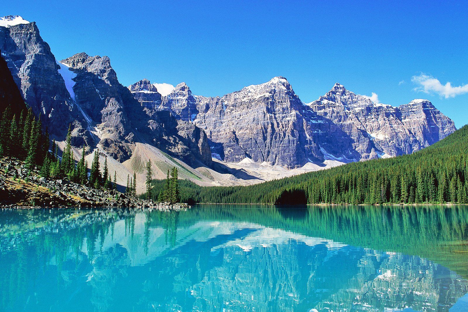 Turquoise Moraine Lake reflecting snow-capped Rocky Mountains and pine forest in Canada