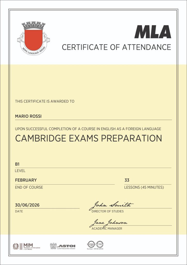 MLA Certificate of Attendance for a Cambridge Exams Preparation course