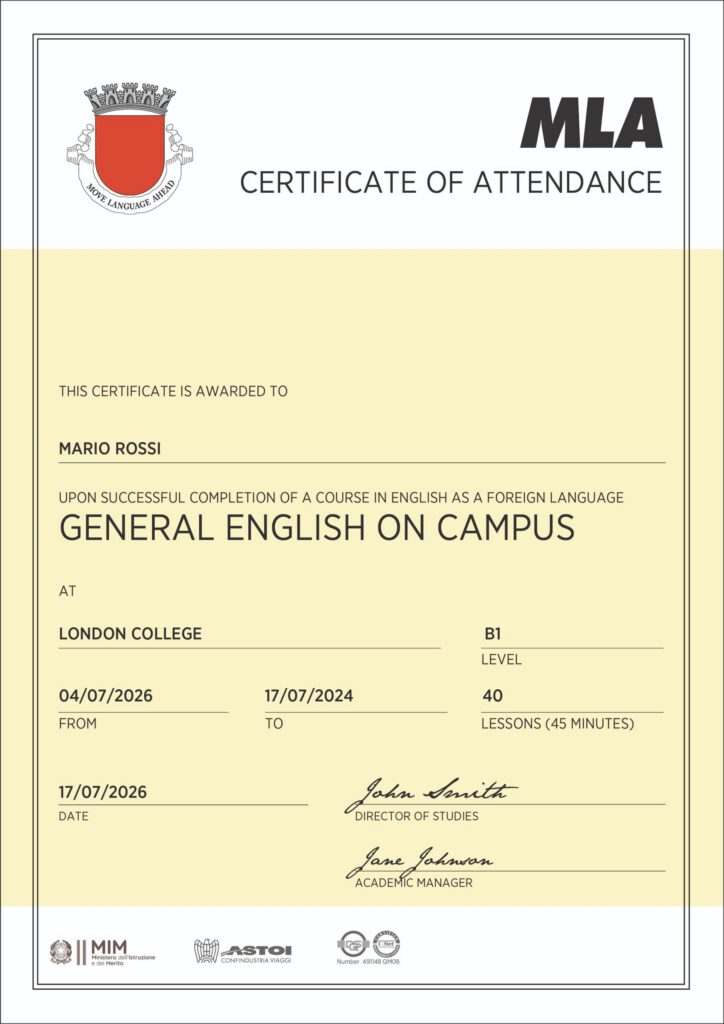 MLA Certificate of Attendance for General English on Campus at London College