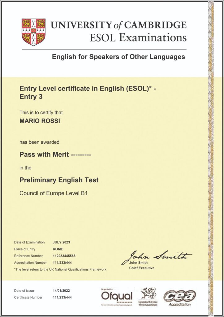 University of Cambridge ESOL Preliminary English Test certificate, level B1
