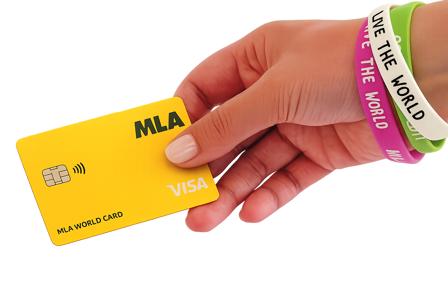 Hand holding a yellow MLA World Card Visa with Live the World wristbands