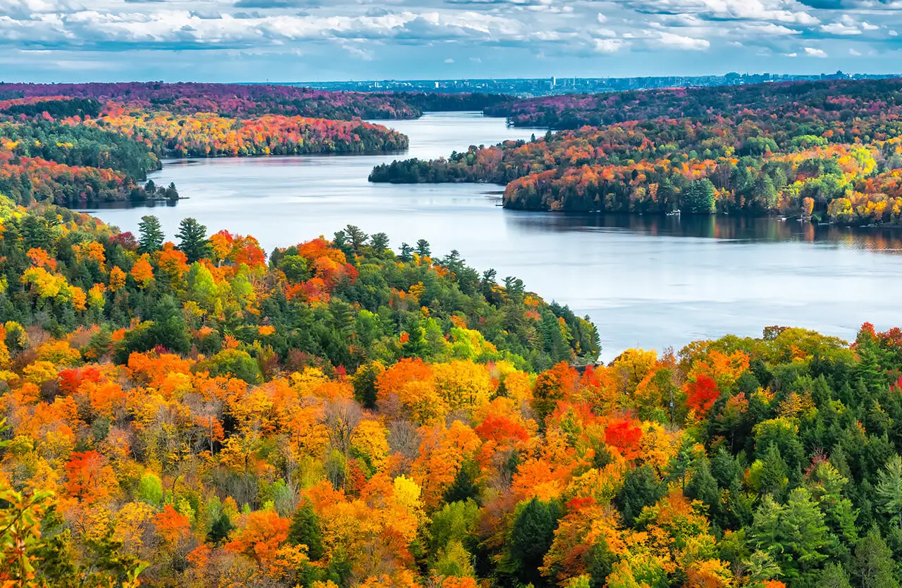 Aerial view of a Canadian lake surrounded by colourful autumn forest