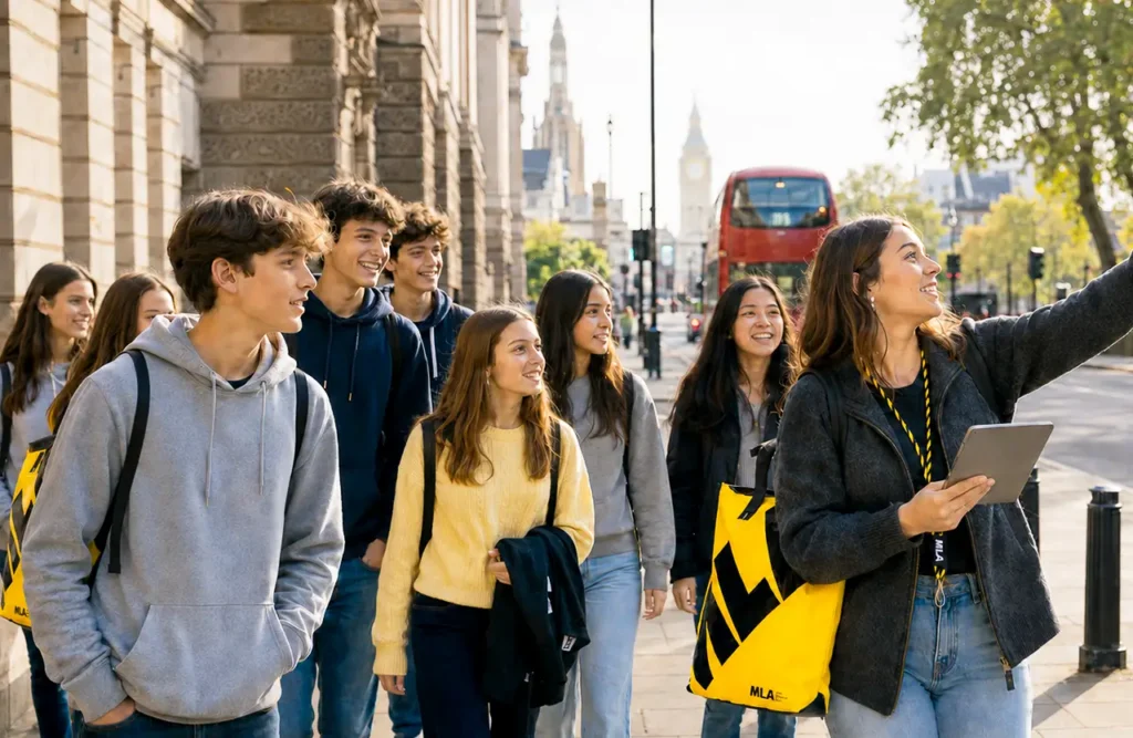 MLA group leader guiding smiling teenage students along a London street with a red bus and Big Ben behind