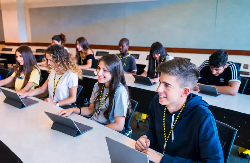 Teenage students with MLA lanyards using tablets at desks in a bright classroom
