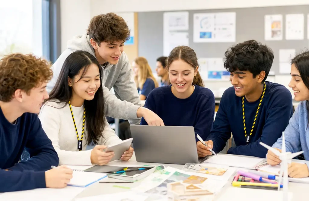 Group of teenage students collaborating around a laptop with notes and a model wind turbine in a classroom