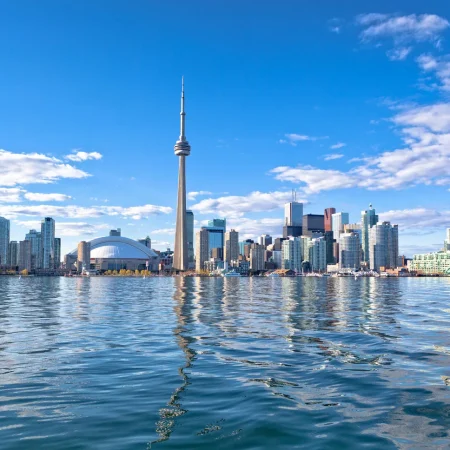 Toronto skyline with the CN Tower reflected in Lake Ontario
