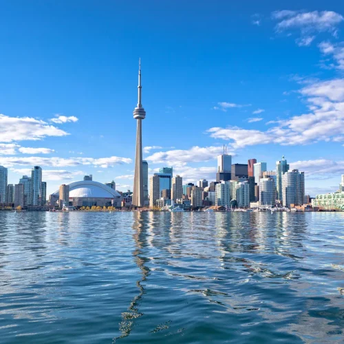 Toronto skyline with the CN Tower reflected in Lake Ontario